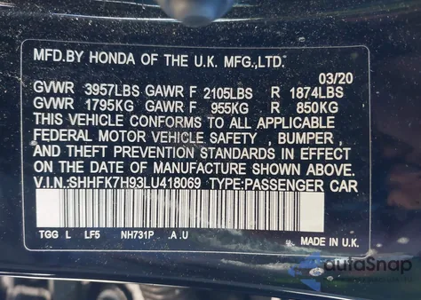 2020 Honda Civic Sport Touring z USA, uszkodzony, nr VIN SHHFK7H93LU418069